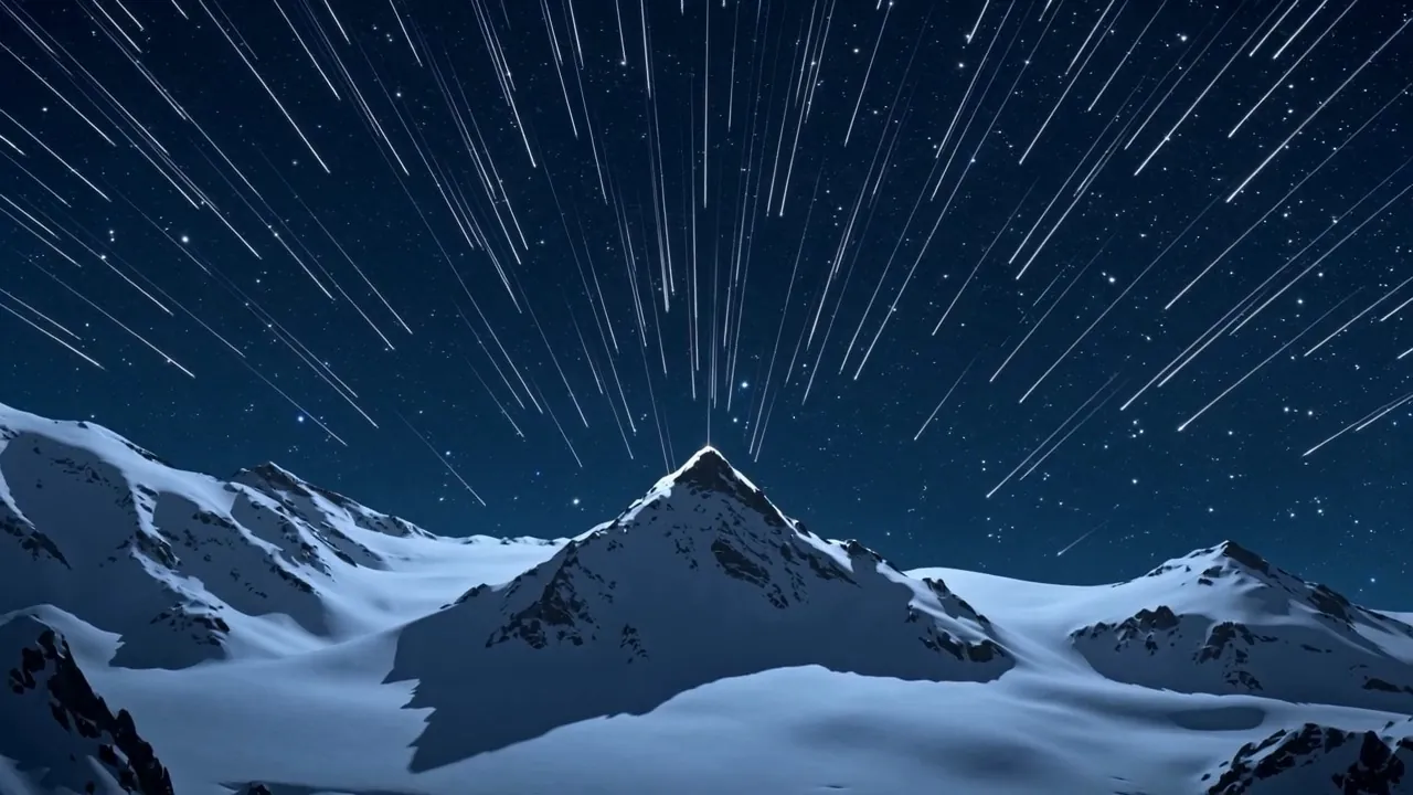 The stars fall in long white lines toward the mountain