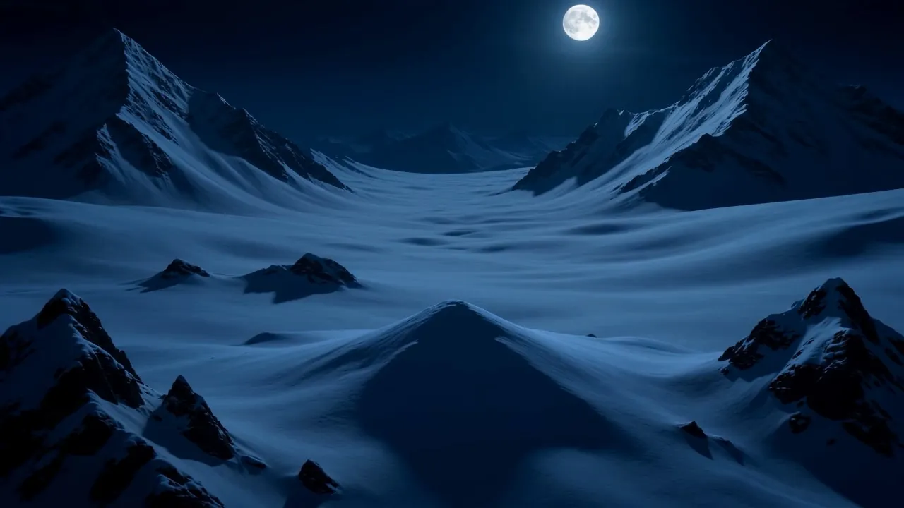 A pillar of white light strikes the snowfields under the moon