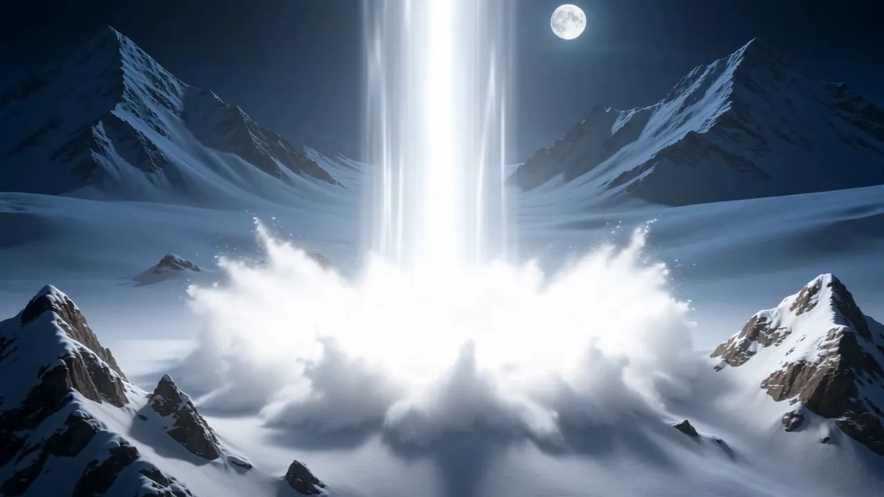 Snow erupts around the column of light