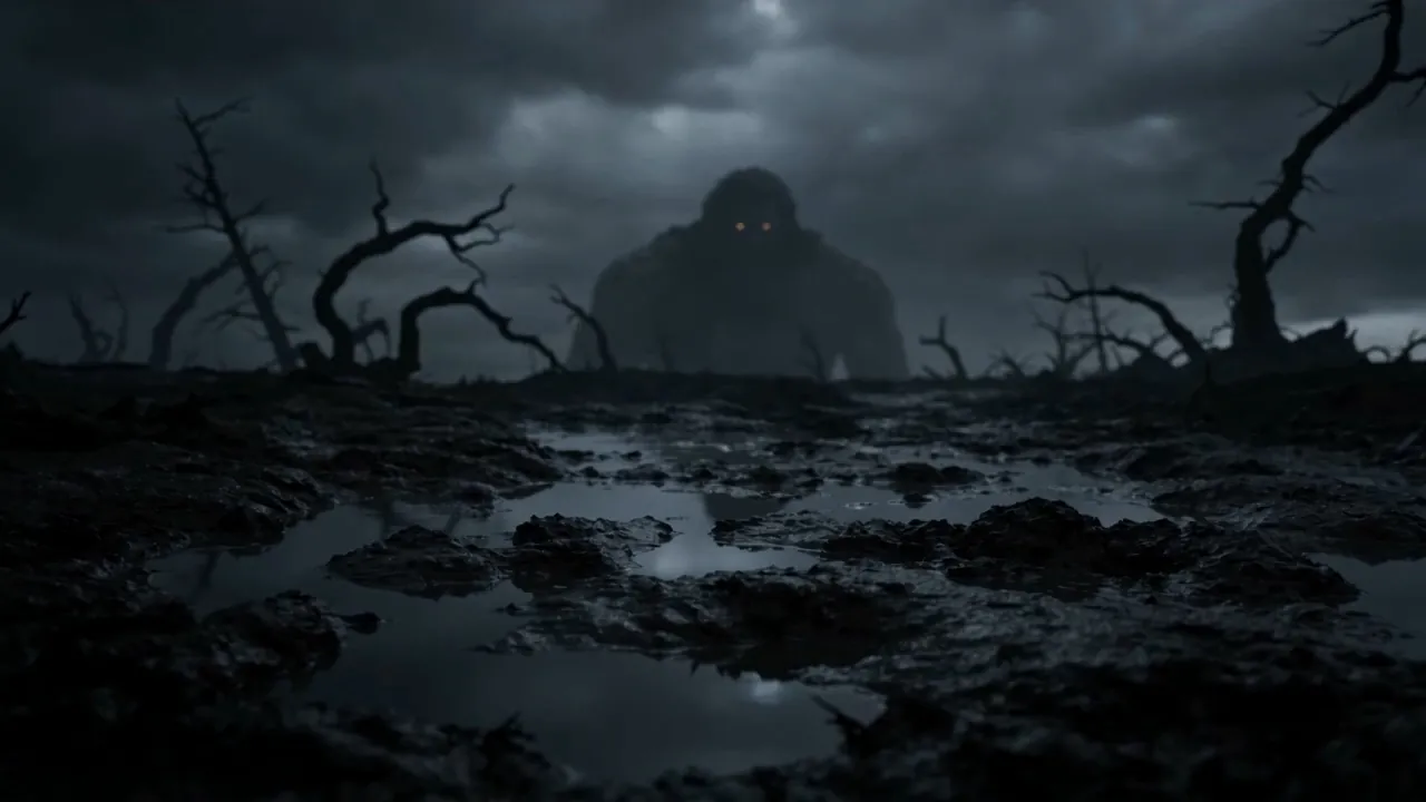 A vast shadow stands against a storm
