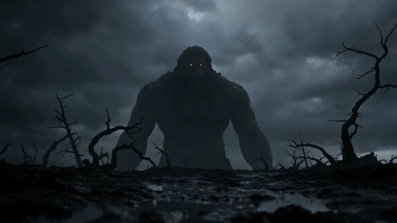 The giant's eyes burn through the rain