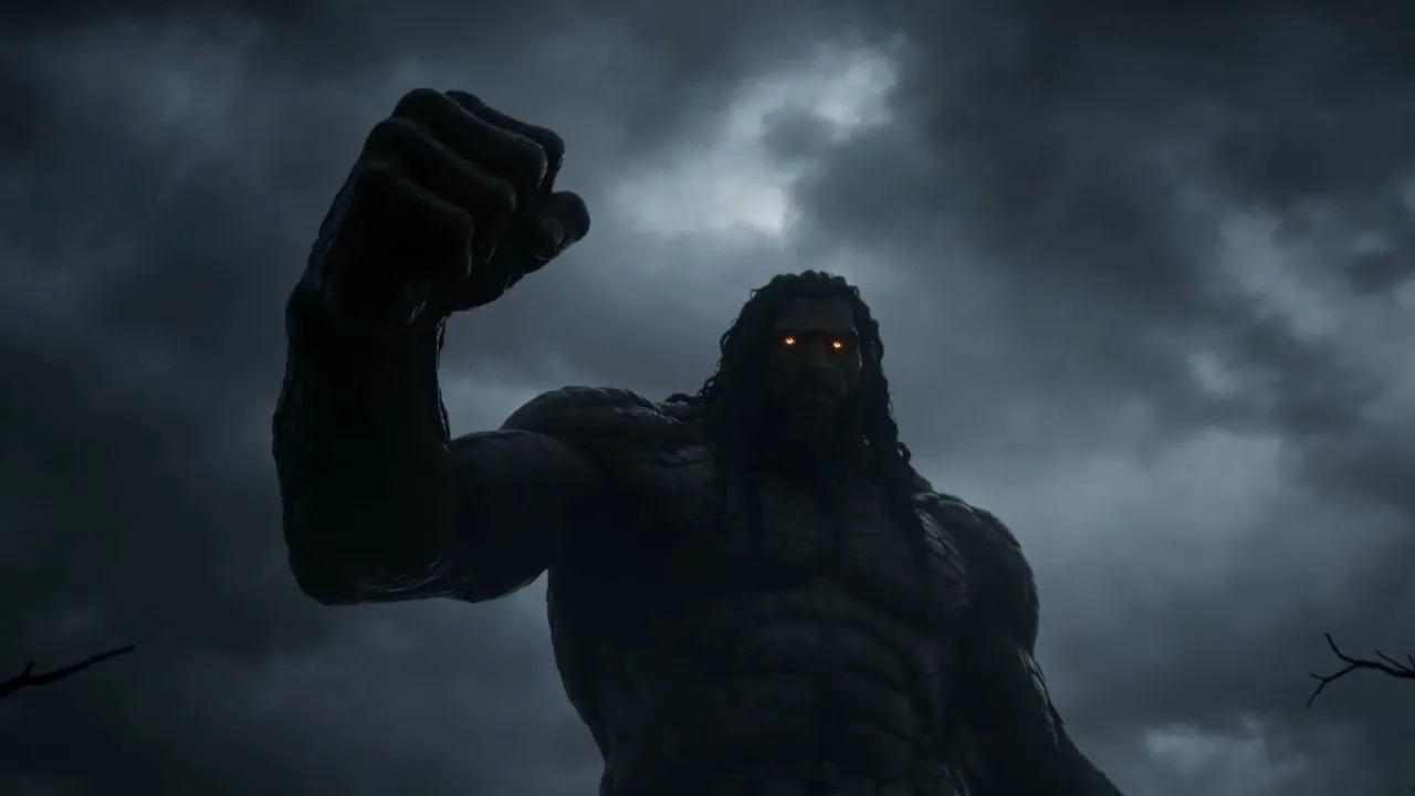 A fist begins to lift against the sky