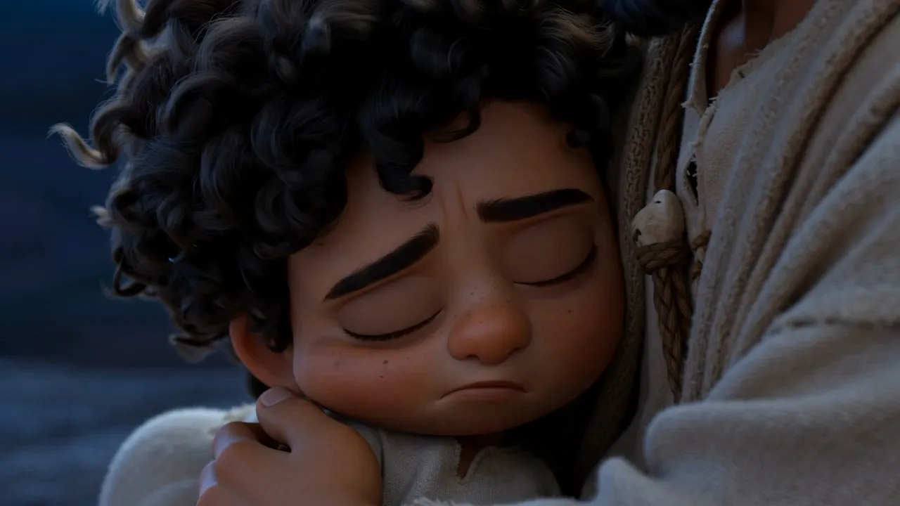 Enoch under the night sky with a child