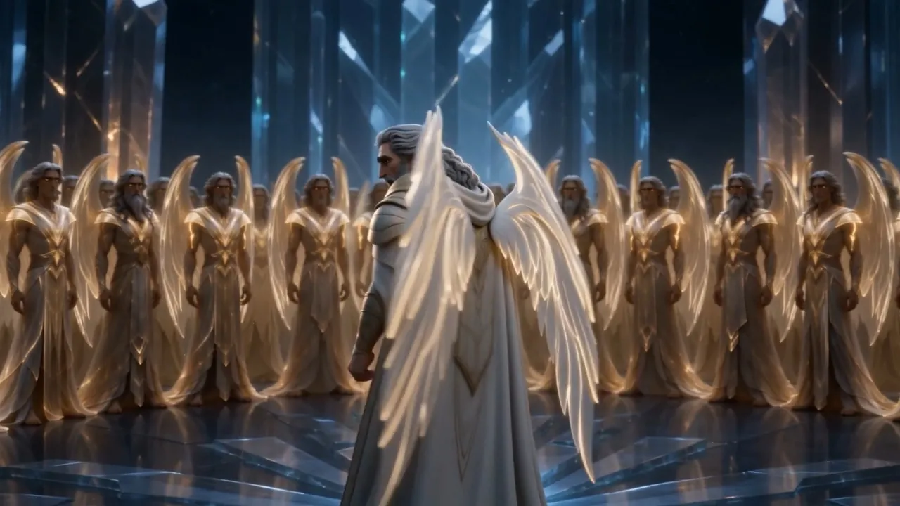 His wings glow against the crystal dark