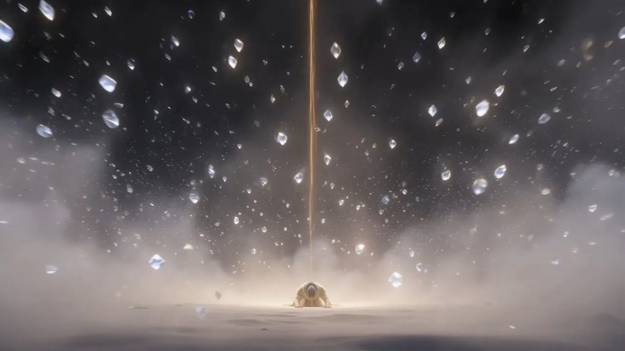 Semjaza lands amid the falling glass of heaven