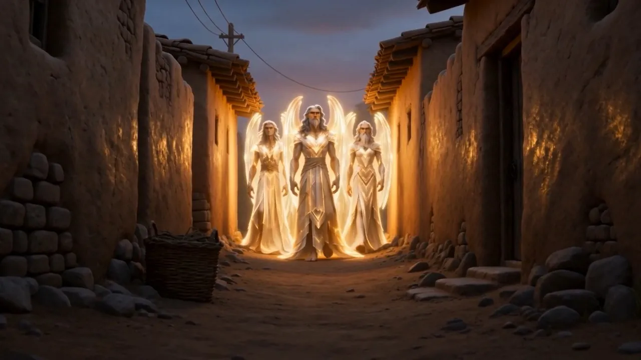 Villagers stop in the lamplit lane and stare