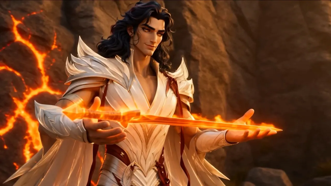Azazel offers a burning blade across his open palms
