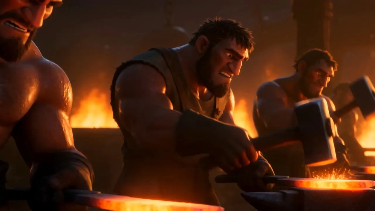 Forges spring up — men hammering blades in the firelight