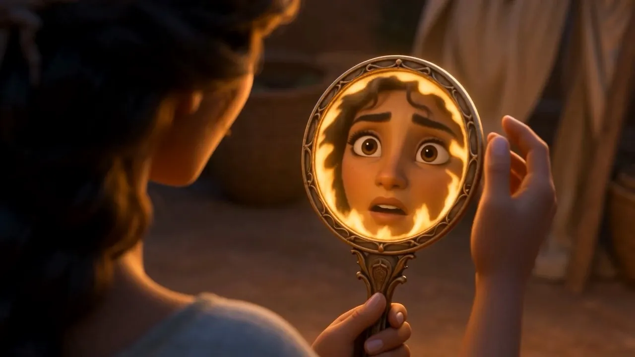 A woman stares into an ornate mirror, her reflection ringed in fire