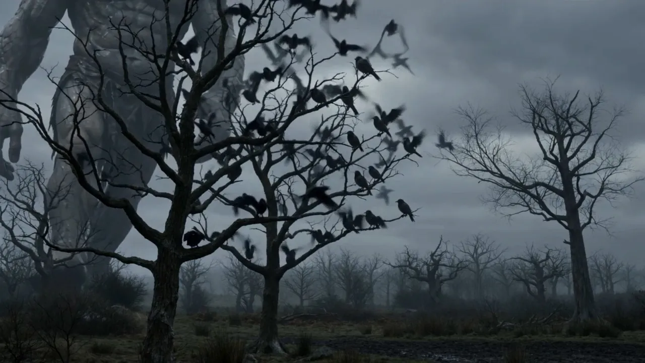 Crows crowd the dead trees, a giant looming beyond
