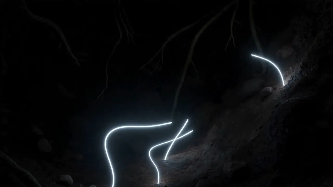 Thin beams of white light rise from a burned valley