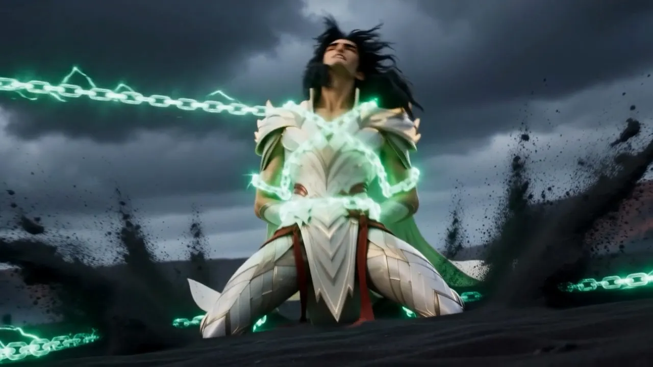Azazel kneels, bound in chains of green light