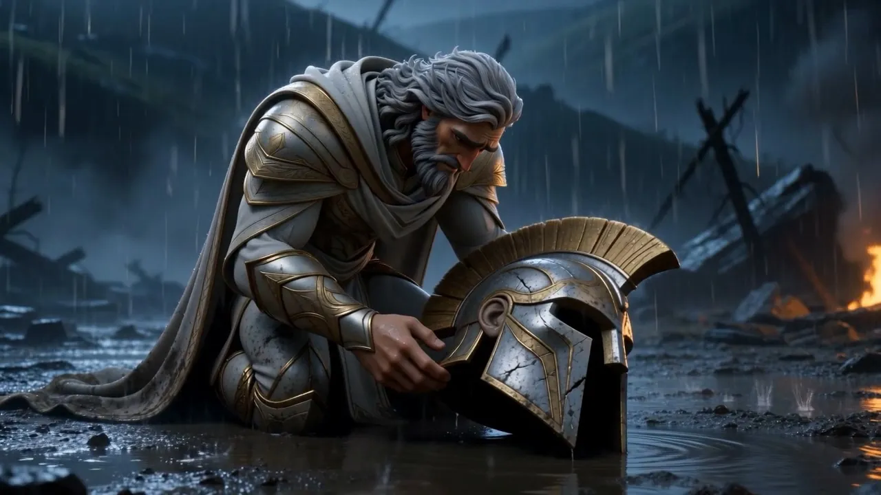 Michael stands glowing over a kneeling Semjaza in the rain