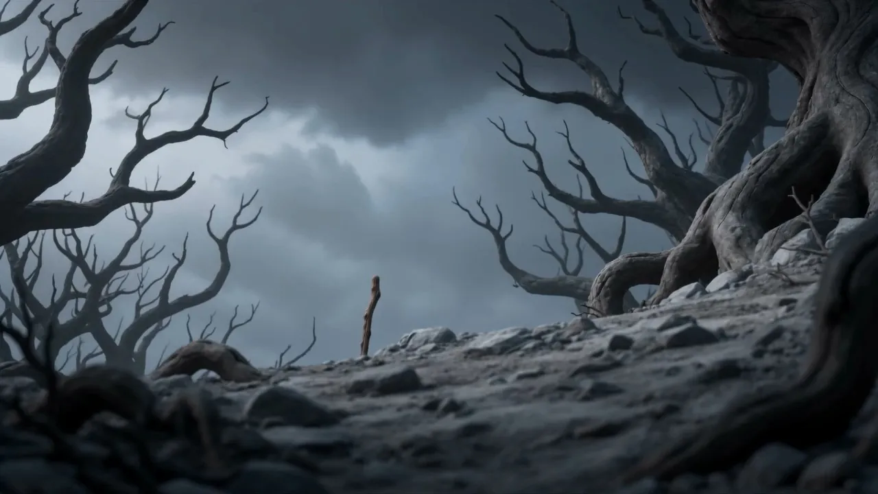 A blasted grove of ash-grey trees