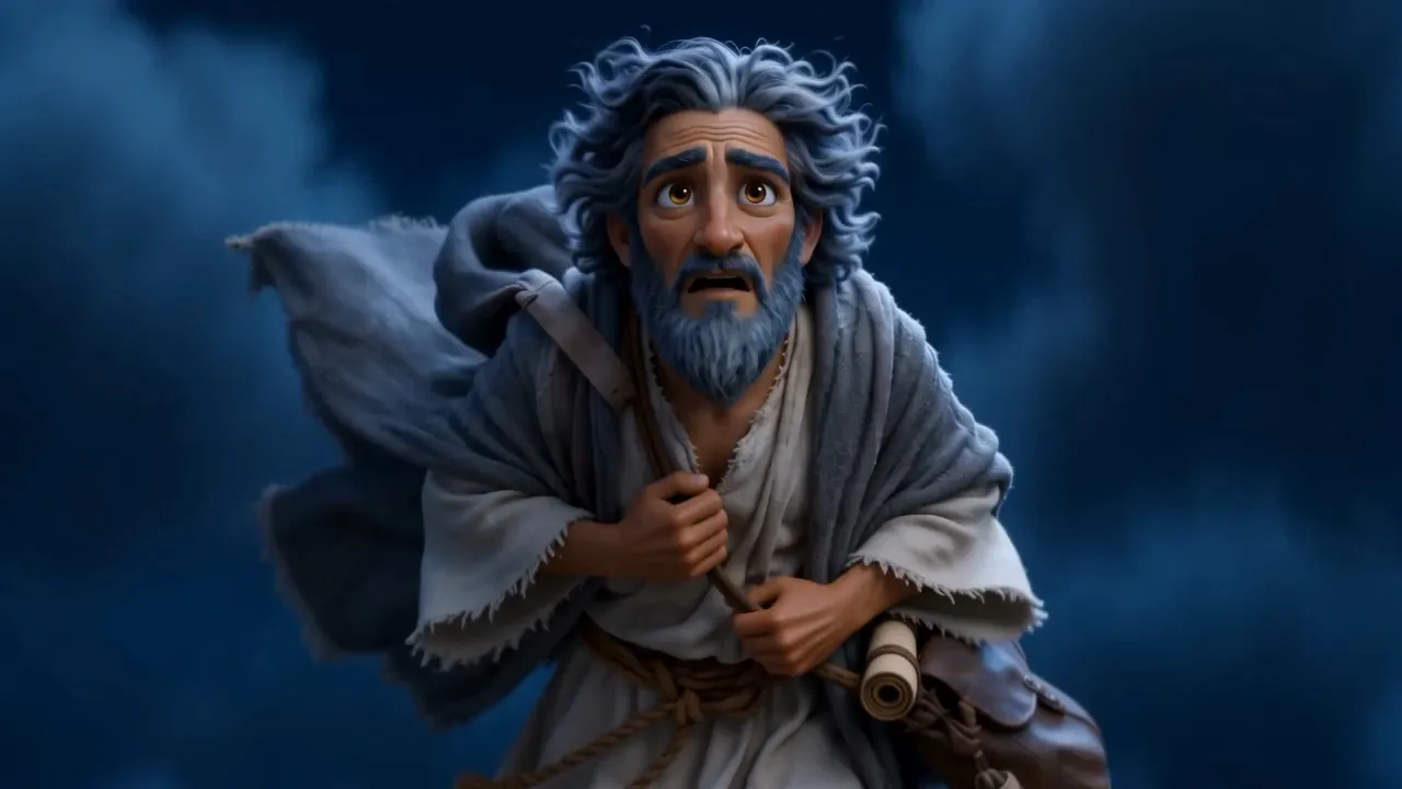 Enoch rises through moonlit clouds