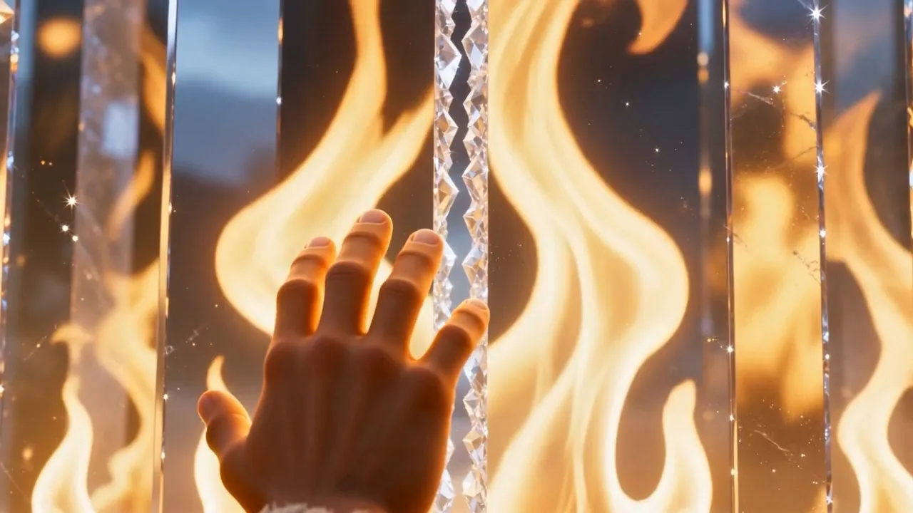 His fingers rest on the cold glass over the flames