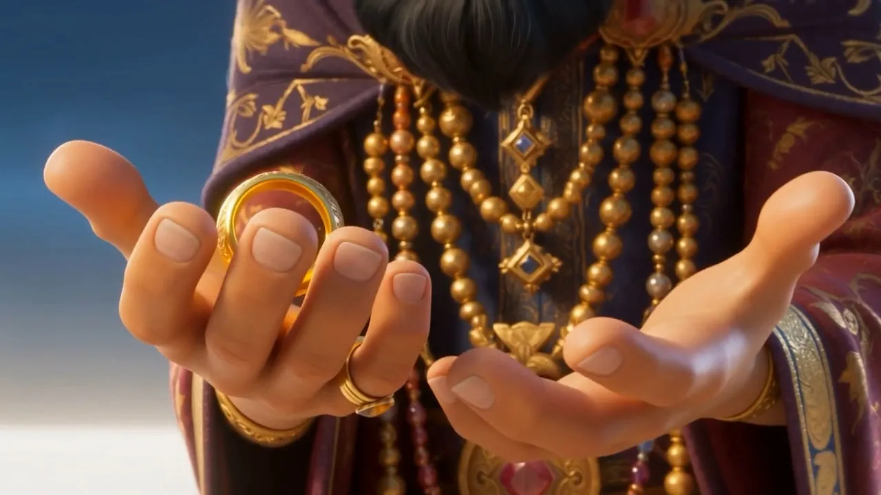A ring held out in a jewelled hand