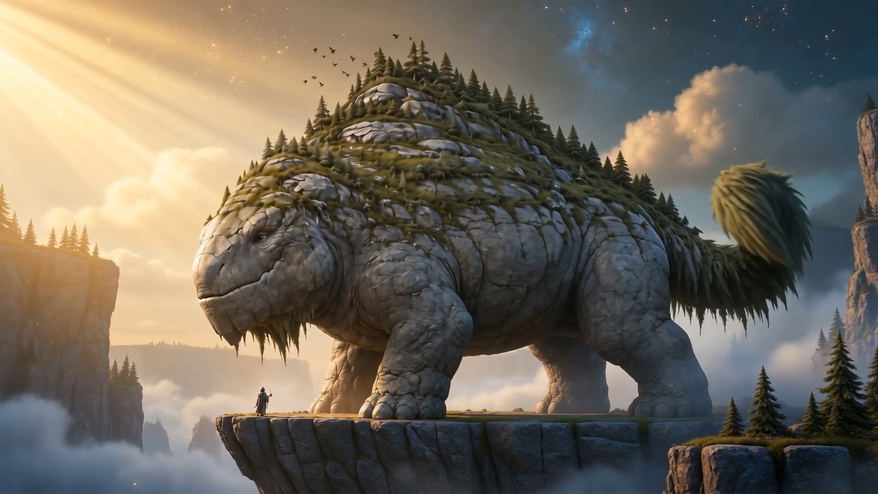 An enormous stone creature with pine forests growing on its back standing on a clifftop above the clouds