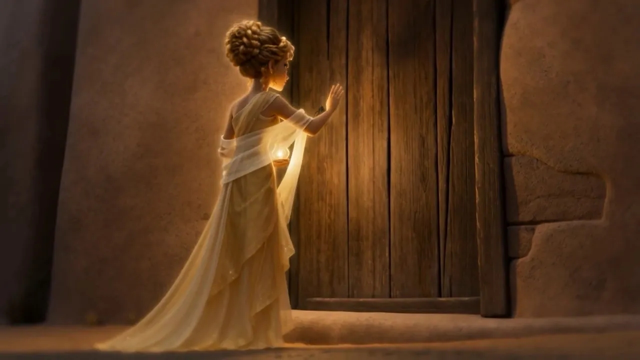 She goes down and knocks at a door