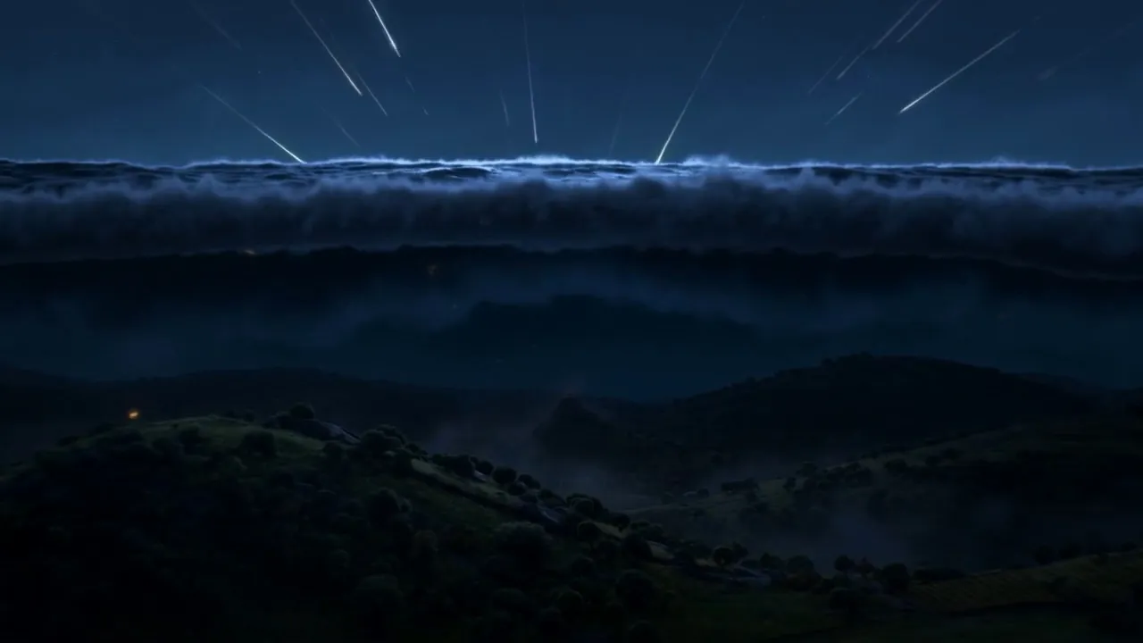 A black wall of water, standing over the hills