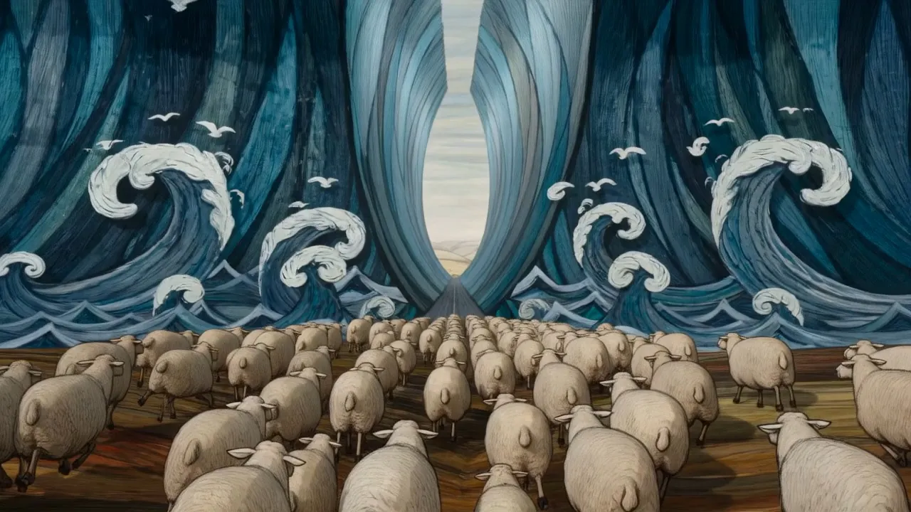 And a sea that opens for them, in folded paint