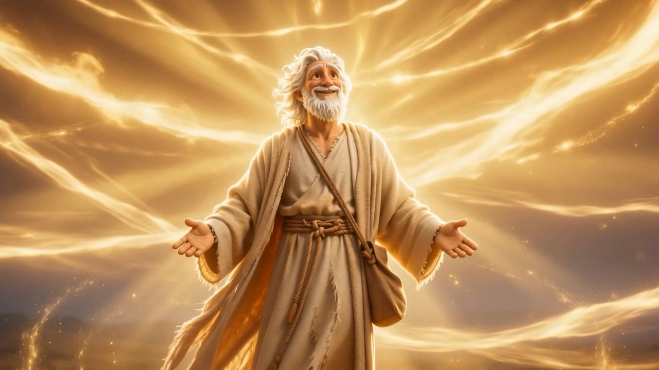 An old man with his arms open, lit gold, as streams of light wrap around him on a hilltop