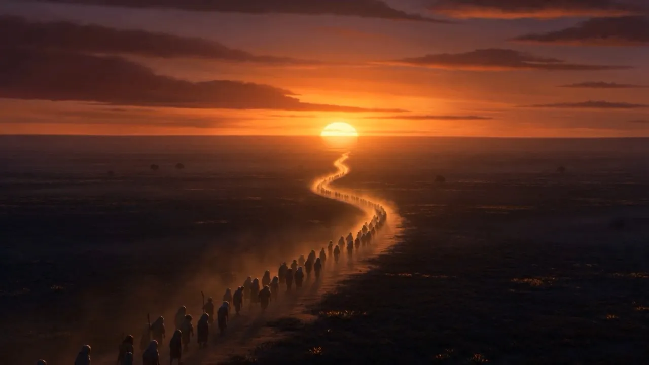 Slaves carry their loads home against the sunset