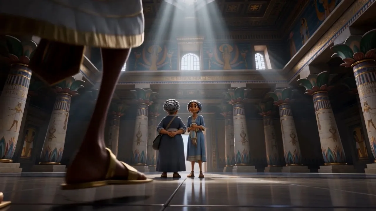 Two midwives stand small in Pharaoh's vast hall