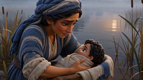 A mother lays her baby in a basket among the reeds