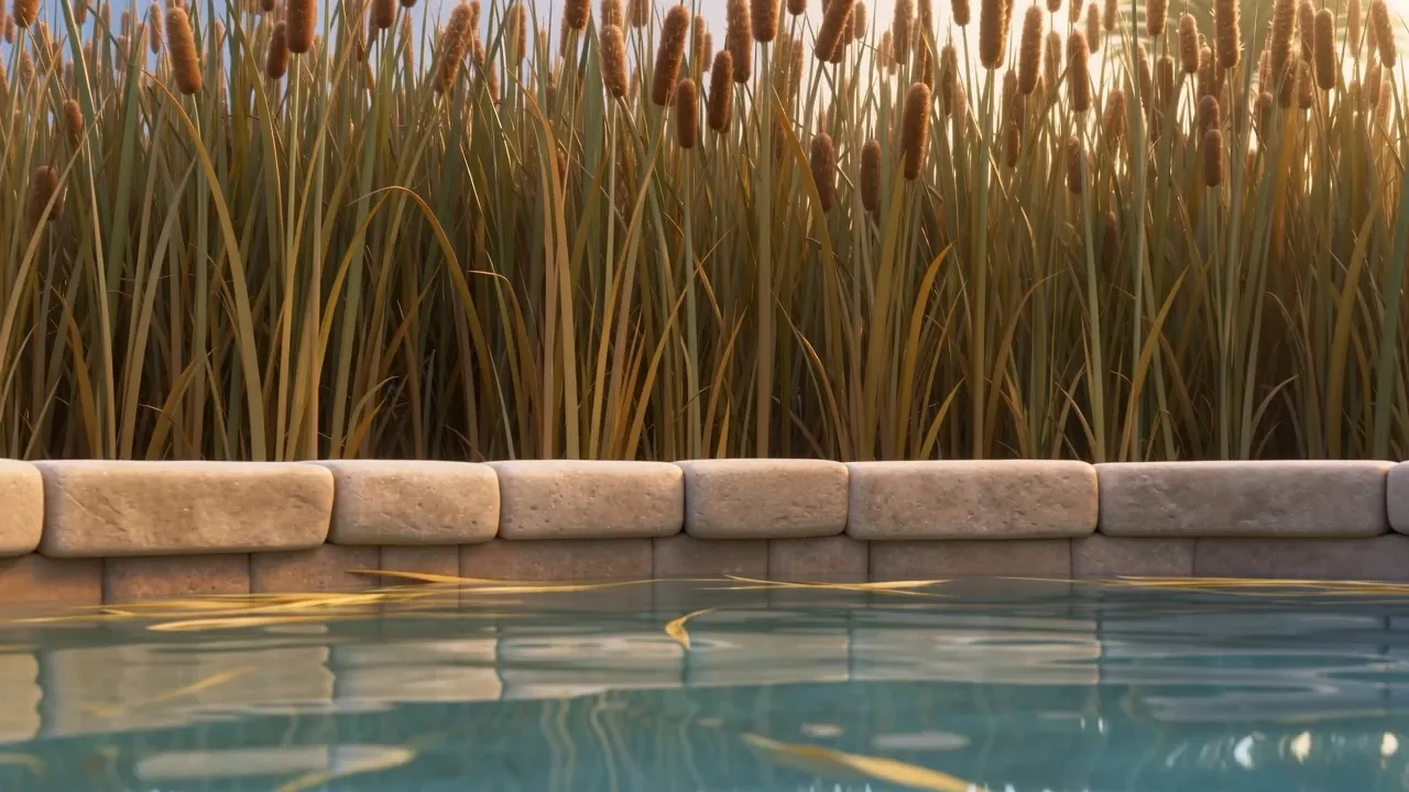 A little girl pops out of the reeds at the pool's edge