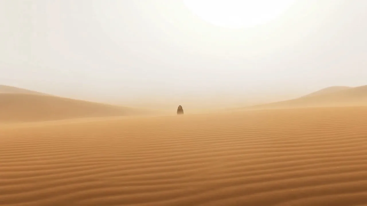 A lone figure crosses an endless dune under a white sun