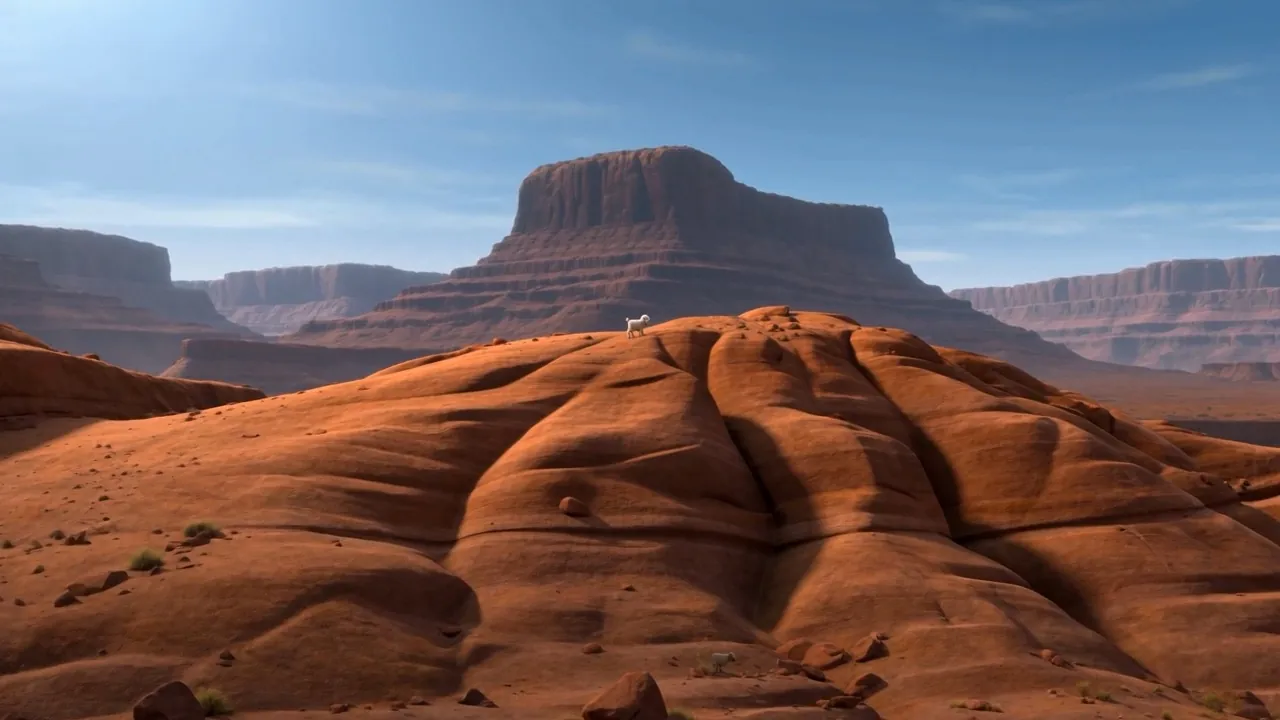 A white goat scampers up the red rock of Horeb