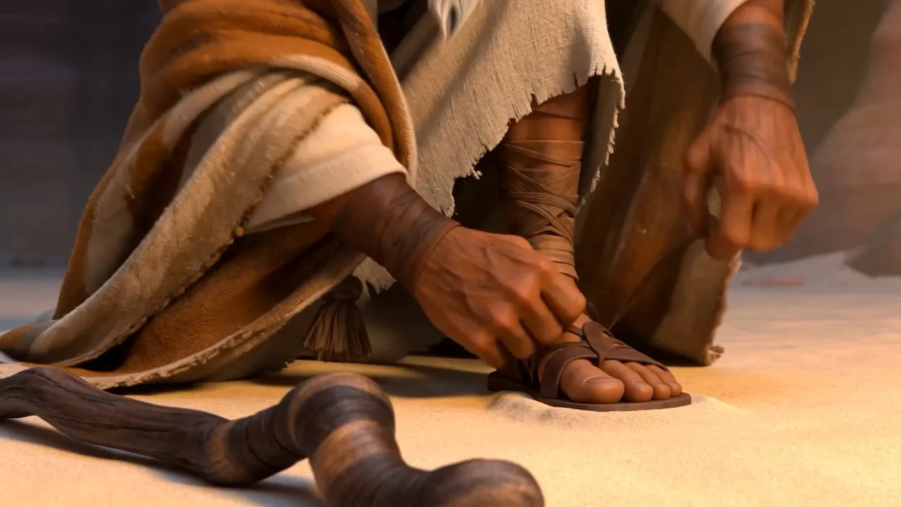 Old hands unlace the sandals