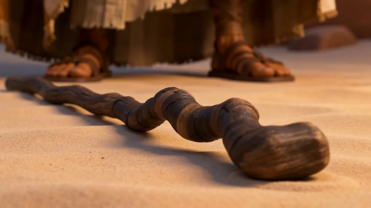 The shepherd's staff lies on the sand, waiting to become a sign