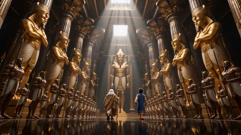 Two elderly shepherds crossing a vast hall lined with golden statues towards a distant throne