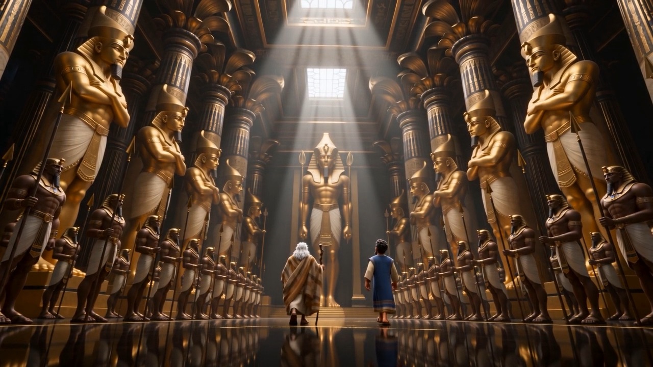 Two elderly shepherds crossing a vast hall lined with golden statues towards a distant throne