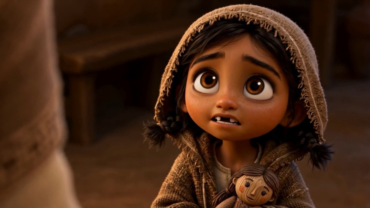 A small girl holding a rag doll looking up at her father in lamplight inside a mud-brick house