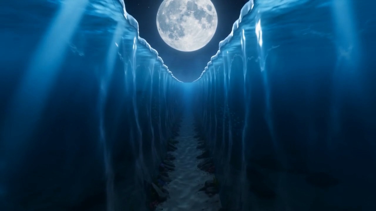 A dry seabed corridor between two towering walls of water with a full moon in the gap at the far end