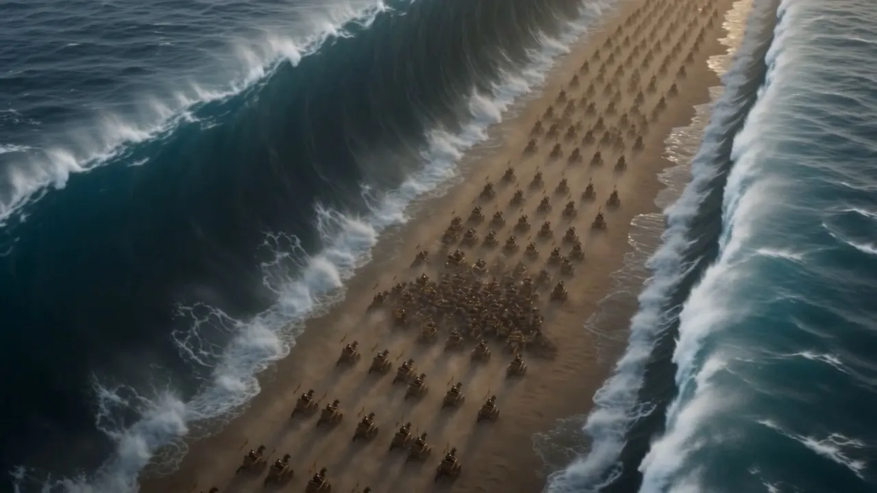 Behind them, the chariots pour into the gap
