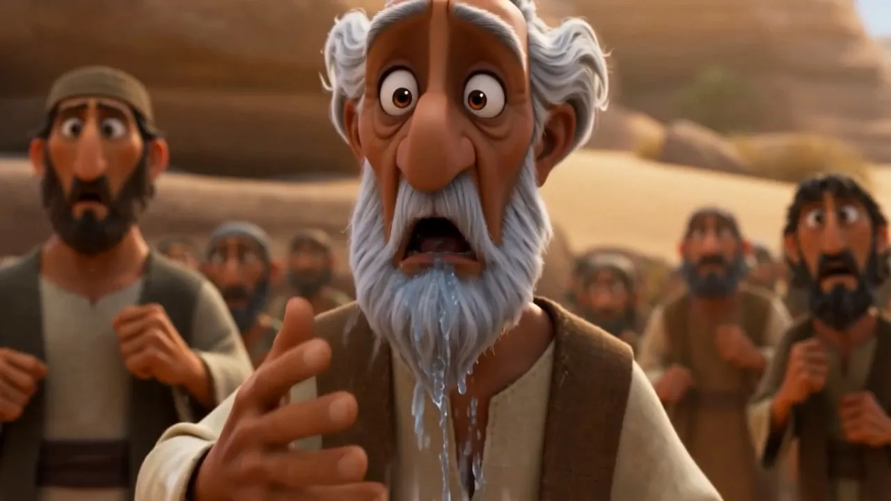 Moses tastes the water and recoils — it is bitter