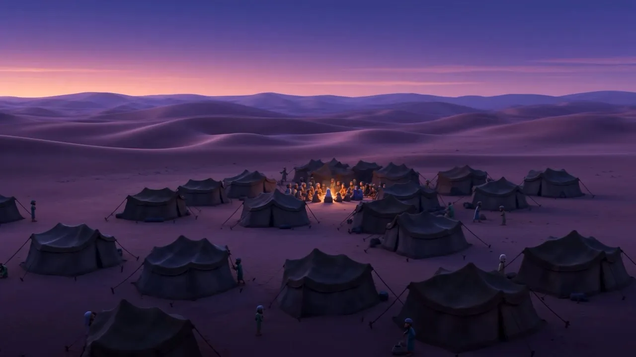The camp at dusk, purple and quiet and hungry