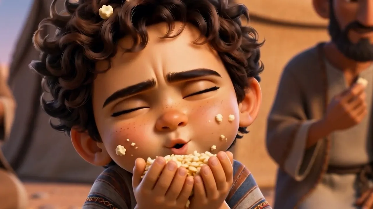 A boy eats a double handful, eyes shut with pleasure