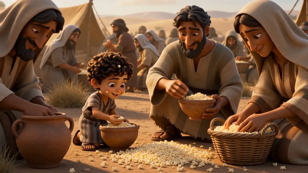 A family gathers their day's portion into baskets