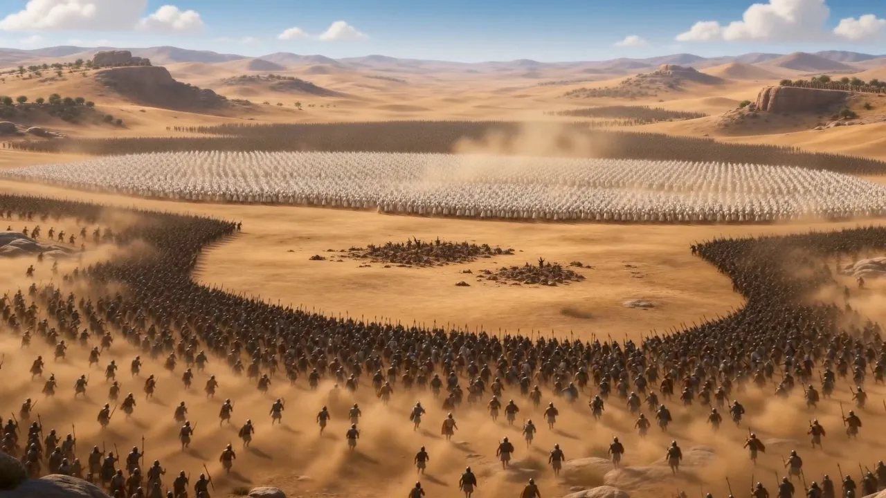 Far below, the two armies close in the dust