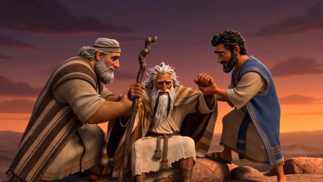 They sit him on a stone and steady his hands