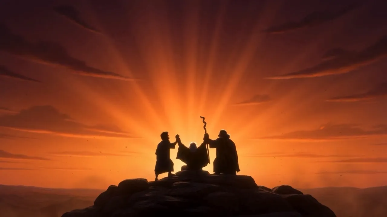One raised staff, held up by two pairs of hands