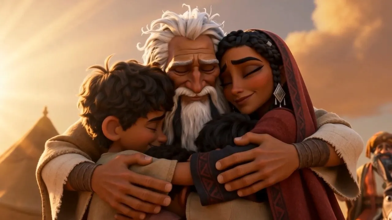 He gathers his wife and sons into his arms