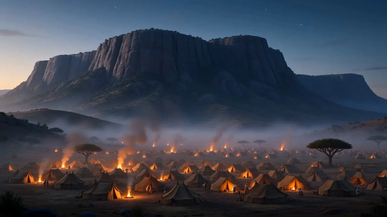The camp settles at the foot of a dark mountain