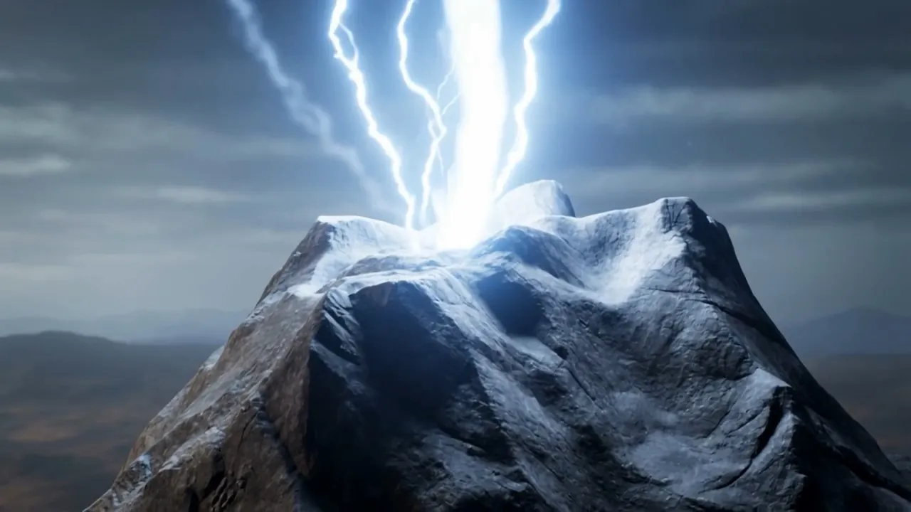 The mountain goes black under a boiling sky