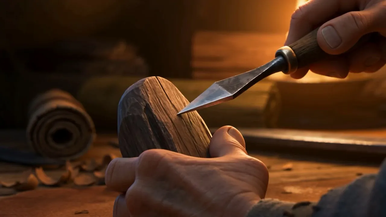 By candlelight, an old woman carves a little household idol